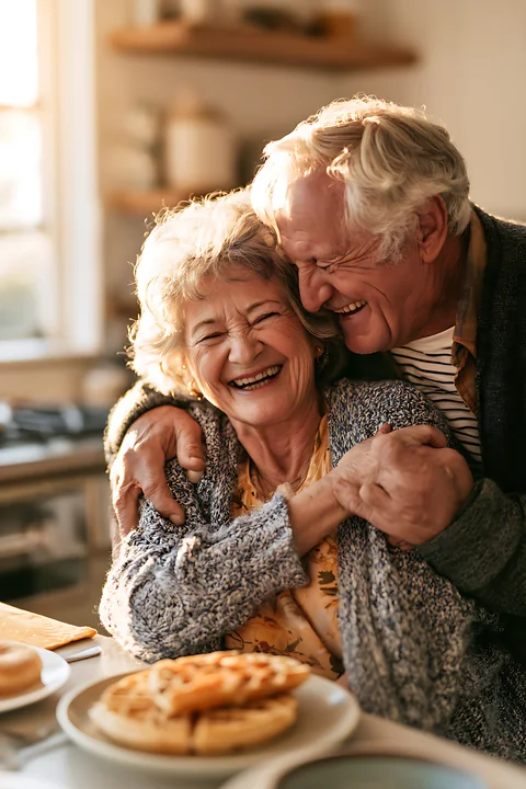 A man and woman share laughter while enjoying breakfast in their kitchen.