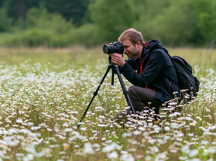 A man crouches in a field, taking pictures of white meadow flowers with a camera mounted on a tripod during daylight.