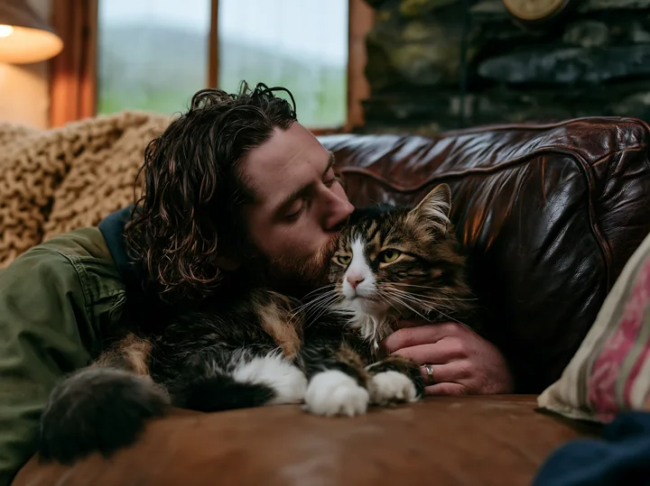 A man gently kisses a cat while sitting on a brown sofa in a cozy living room.
