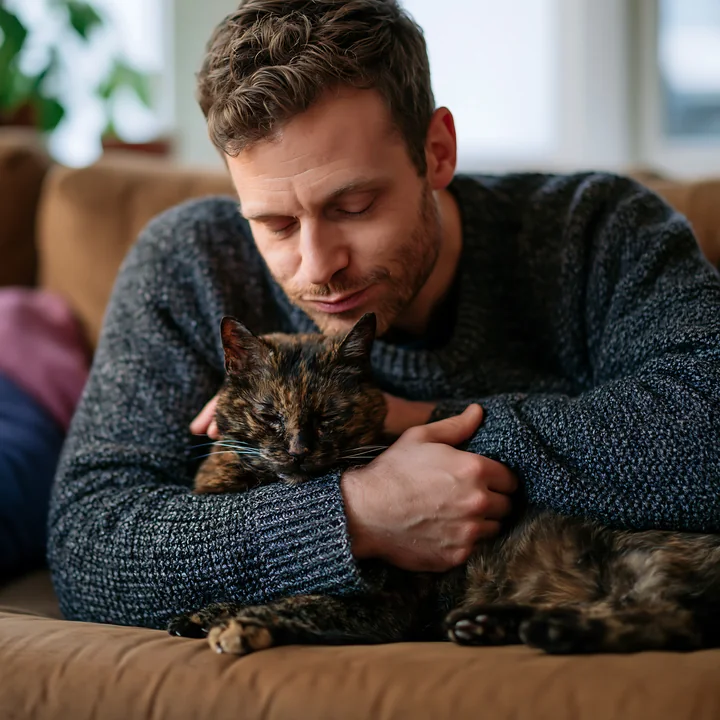 A man holds a cat in his arms while sitting on a sofa in a cozy living room.
