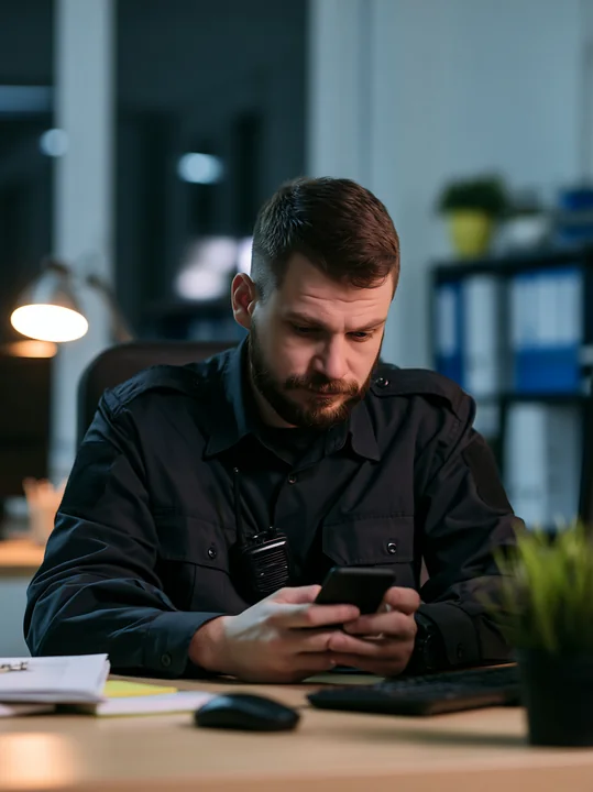A man in a uniform is busy scheduling an appointment on his smartphone while seated at his desk in a well-lit office space.