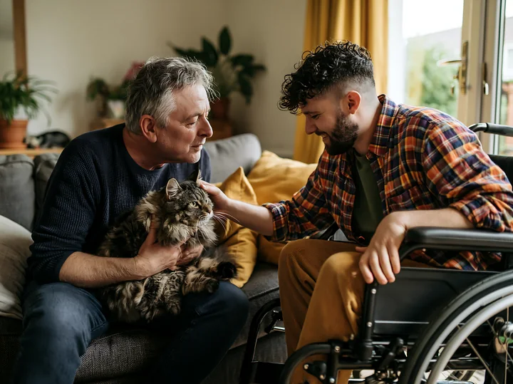 A man in a wheelchair interacts with a friend and a fluffy cat while sitting on a gray sofa.
