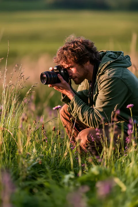 A man is crouched down in a lush green meadow, carefully capturing images of colorful flowers with his camera.