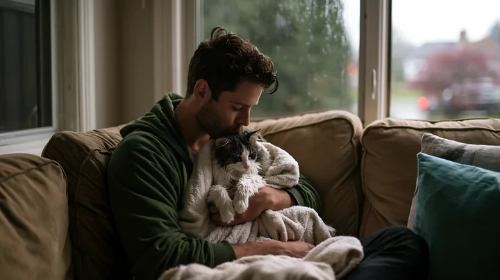 A man is sitting on a sofa, holding a cat, and gently kissing it.