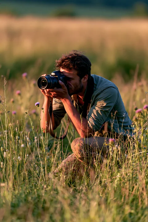 A man kneels in a field, capturing photos of blooming meadow flowers as the sun sets in the background.