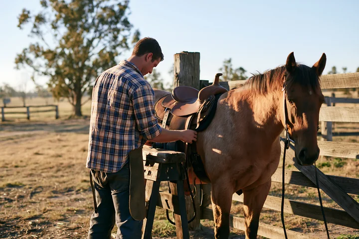 A man saddling a horse prepares for a ride in a rural setting.