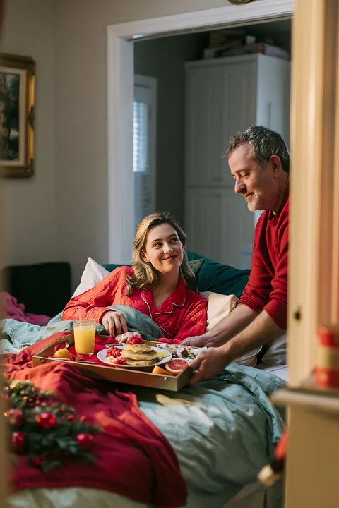 A man serves a breakfast tray to a woman in bed on Christmas morning.
