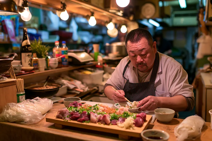 A man sits at a counter in a diner preparing to eat a traditional sushi breakfast in Japan.