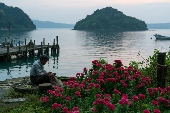 A man sits by the water's edge on a remote island with colorful flowers, crafting in the early evening light.