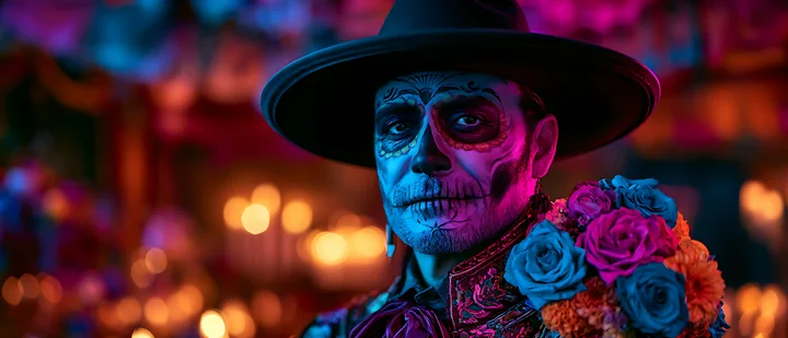 A man wearing a black hat and a suit adorned with flowers stands in a festive atmosphere with colorful lighting and candles.