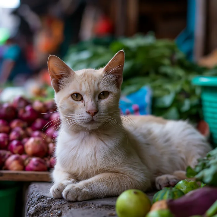 A Mandalay cat rests among fresh produce in a vibrant market.