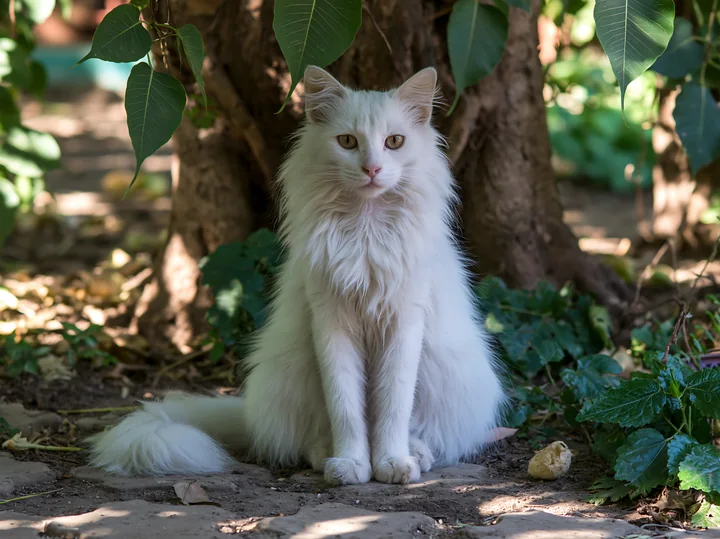A Mandalay cat sits calmly among green leaves and trees.
