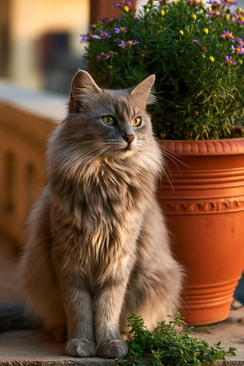 A Mandalay cat sits near a flower pot, gazing away from the camera.