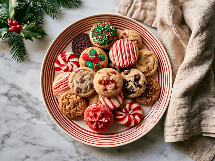 A marble kitchen countertop features a festive plate filled with assorted Christmas cookies, including decorated sugar cookies and classic favorites.