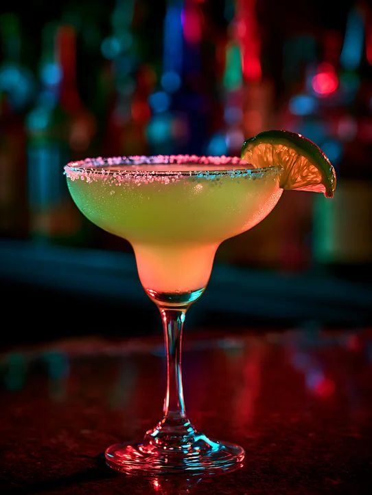 A margarita cocktail sits on a bar counter with a salted rim and a lime slice.