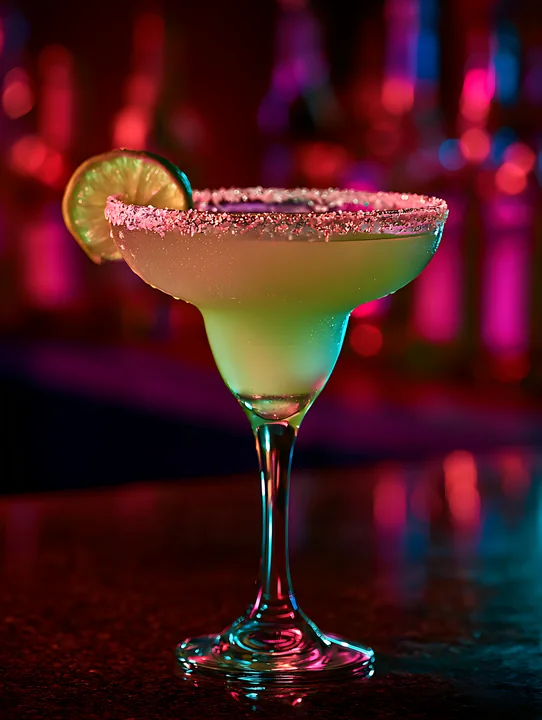 A margarita with a salted rim and a lime slice is placed on a bar counter.