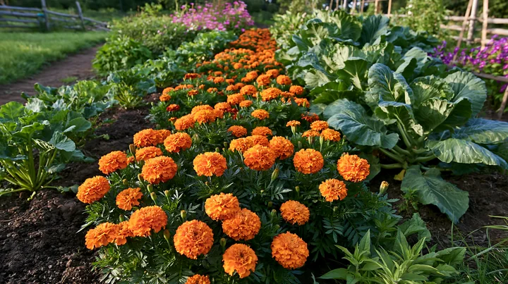 A marigold flower bed features bright orange blooms among green vegetables in a garden setting.