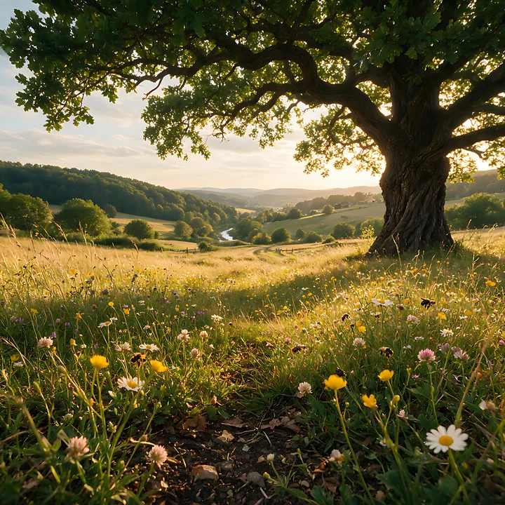 A meadow beneath an oak tree features wildflowers and green grass in spring.
