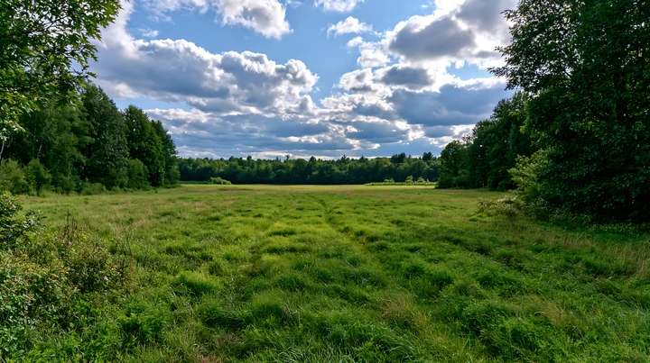 A meadow recovering after mowing is shown under a cloudy sky.