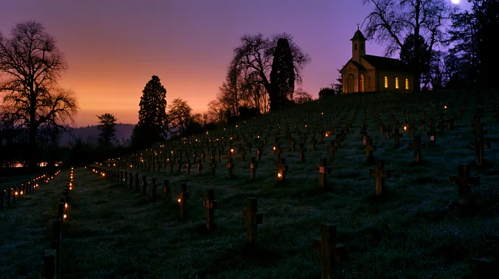 A military cemetery at night features rows of graves lit by small candles.