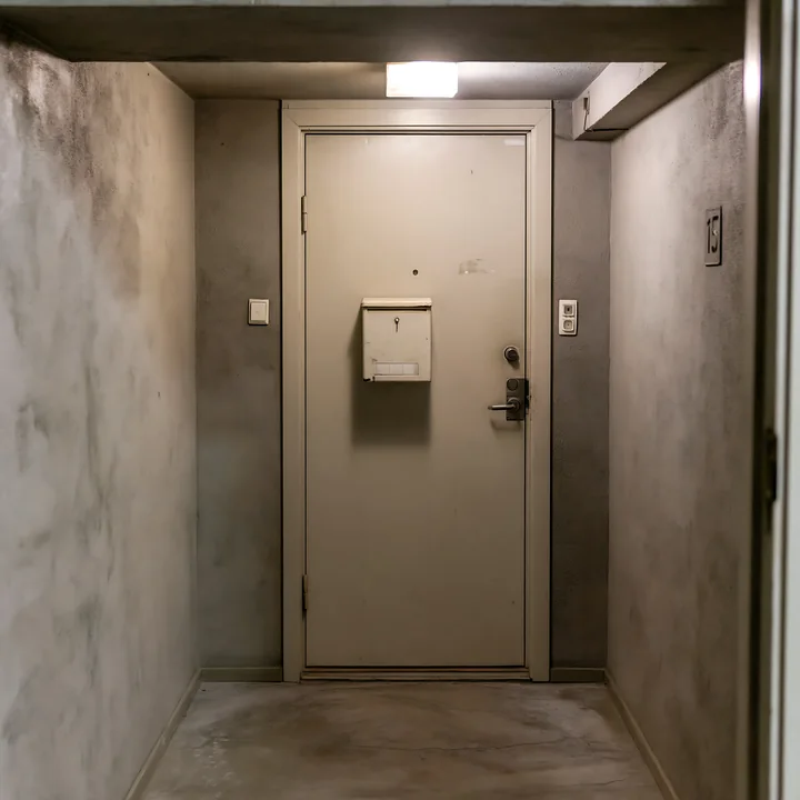 A milk delivery box sits near the door of an apartment building in a simple hallway.