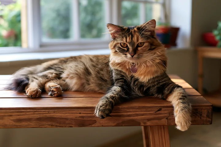 A Minskin cat rests on a wooden table near a window with natural light.