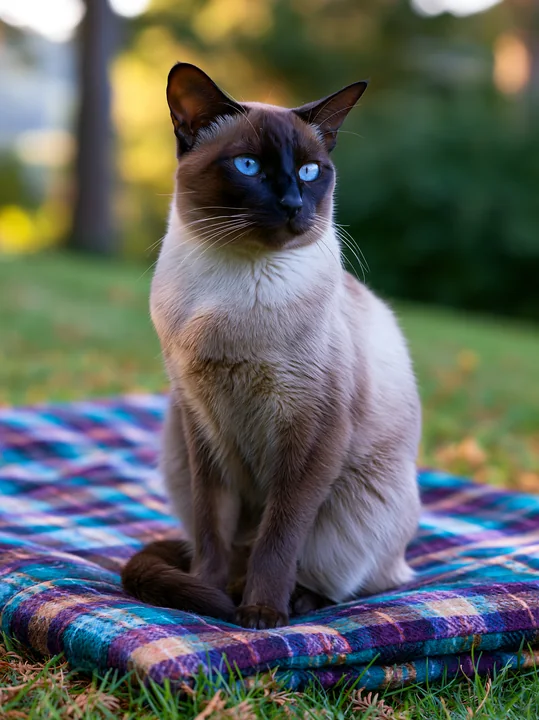 A Minskin cat sits on a plaid blanket in a green outdoor area with blurred trees in the background.
