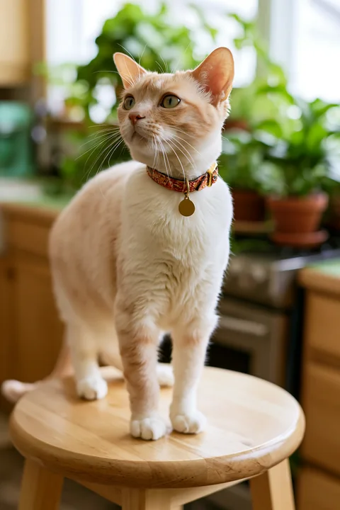 A Minskin cat stands on a wooden stool in a bright kitchen filled with green plants.