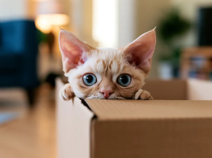 A Minskin cat with large blue eyes peeks out of a cardboard box in a cozy living room.