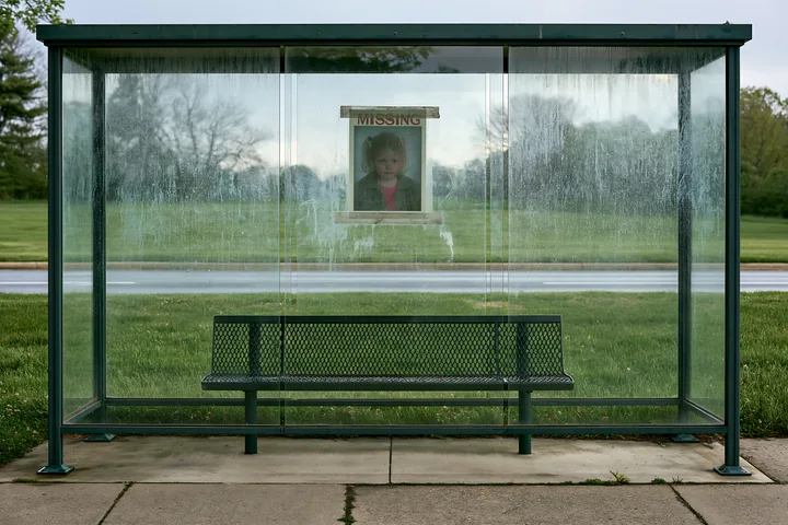 A missing child poster is visible at a bus stop with a bench.