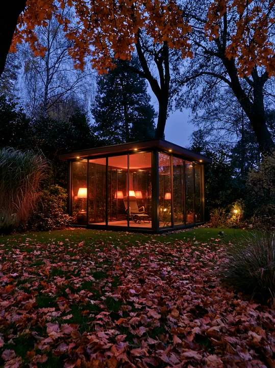A modern glass garden pavilion with night lighting stands in a yard covered in fallen leaves.