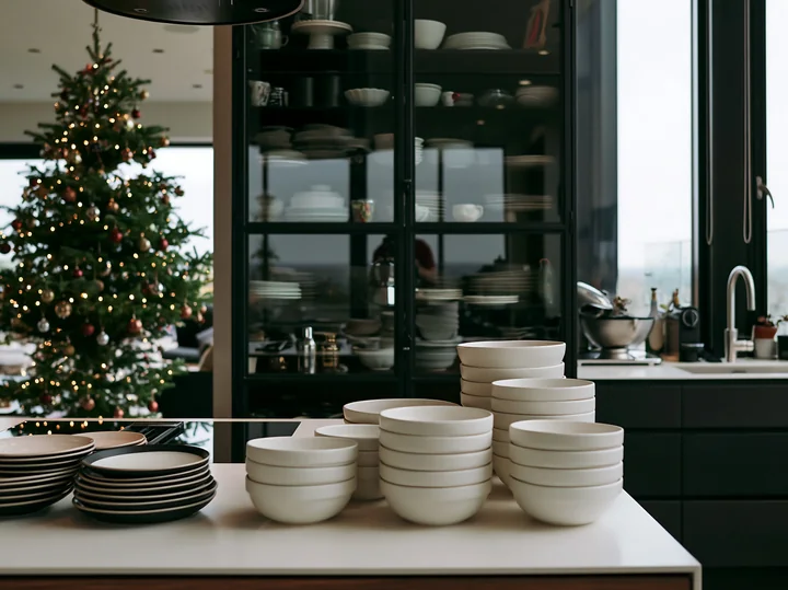A modern kitchen features a large Christmas tree reflected in the glass cabinet.
