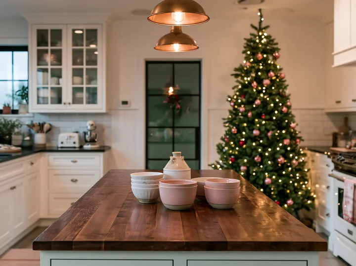 A modern kitchen features a wooden island with bowls on top and a Christmas tree reflecting in the window.