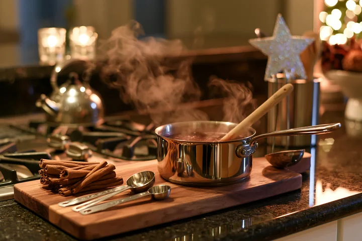 A modern kitchen shows a pot with steam rising on the stove alongside cooking utensils and cinnamon sticks on the counter, creating a festive cooking atmosphere