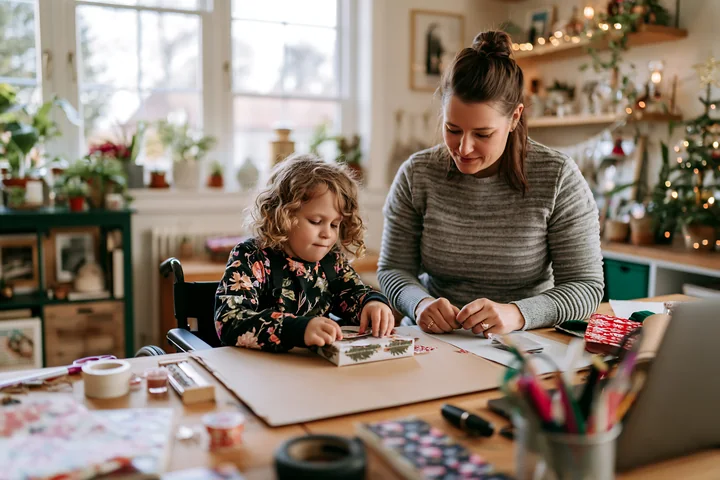 A mother and her daughter are wrapping gifts together in a cozy living room.