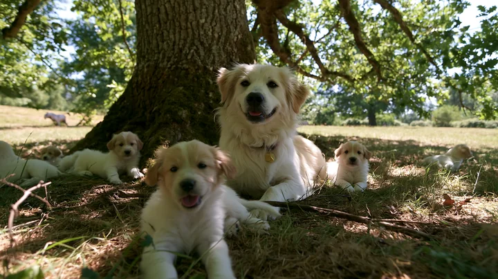 A mother dog is lying on the grass with her puppies in a sunny park.