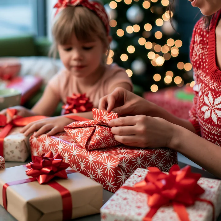 A mother shows her daughter how to wrap gifts at a table filled with colorful wrapping supplies.