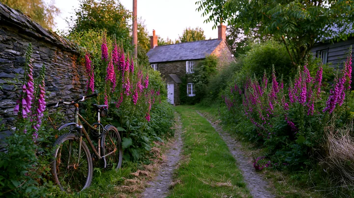 A narrow lane lined with vibrant foxglove flowers leads to a rustic cottage surrounded by trees and greenery.