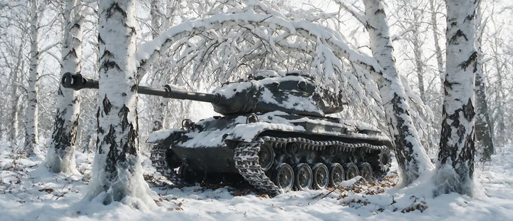 A panzer tank in winter snow is partially hidden among snow-covered birch trees.