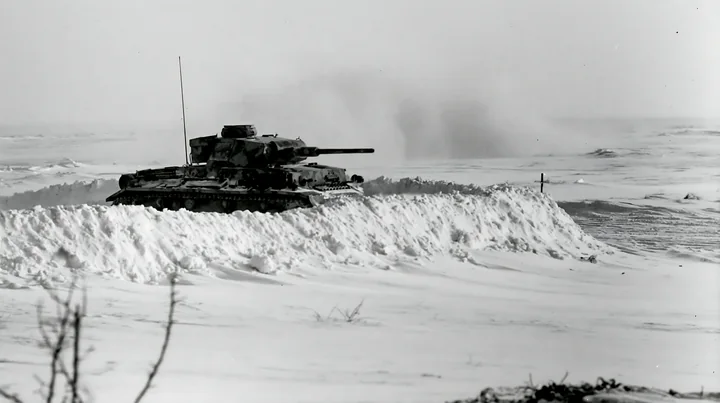 A panzer tank in winter snow moves across a snow-covered landscape.