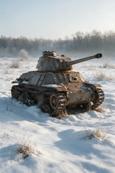A panzer tank in winter snow rests in a frosted field with dry grass.