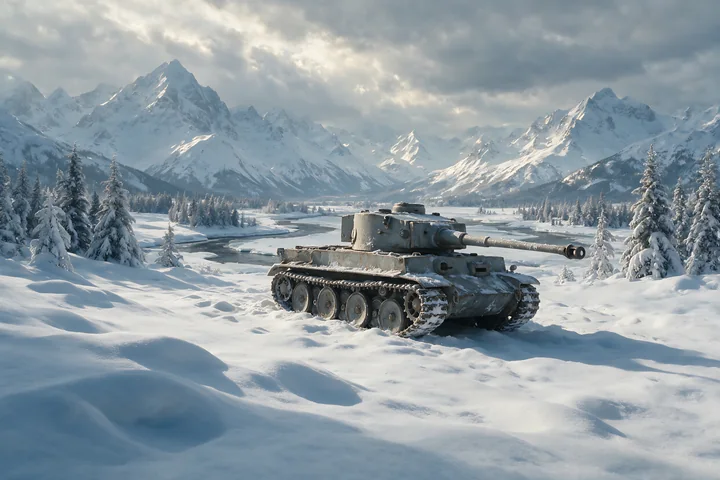 A panzer tank in winter snow rests on a snowy field, surrounded by tall mountains and evergreen trees.