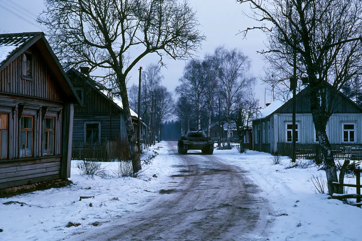 A panzer tank in winter snow travels along a dirt road through a quiet village.