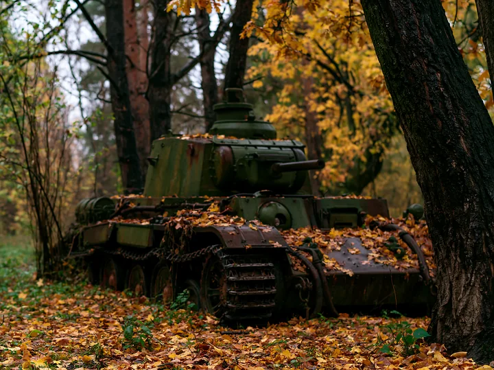 A panzer tank is partially covered by yellow and orange leaves in a dense autumn forest.