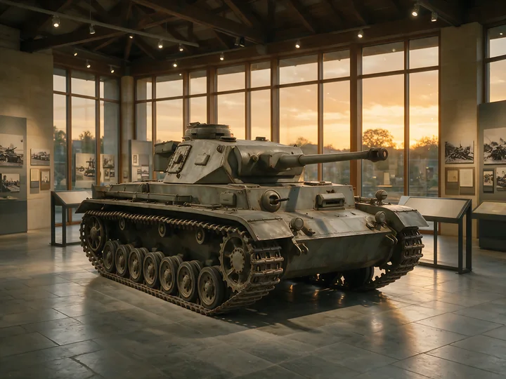 A panzer tank is showcased in a museum with large windows, revealing a sunset outside.