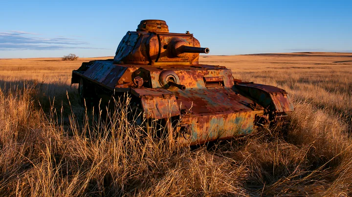 A panzer tank surrounded by grass sits in an open field.