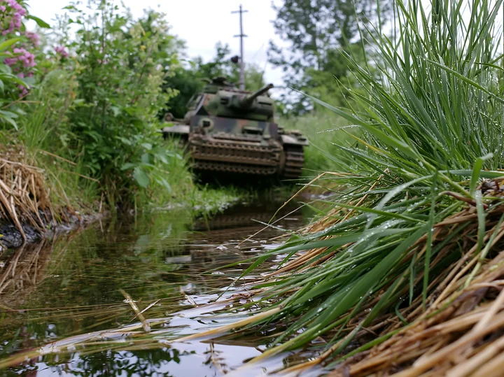 A panzer tank surrounded by grass sits near a small stream.