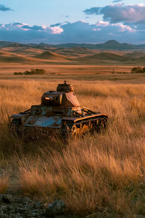 A panzer tank surrounded by grass sits prominently in an open field.