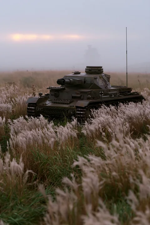 A panzer tank surrounded by grass stands in a field with tall plants and mist in the background.