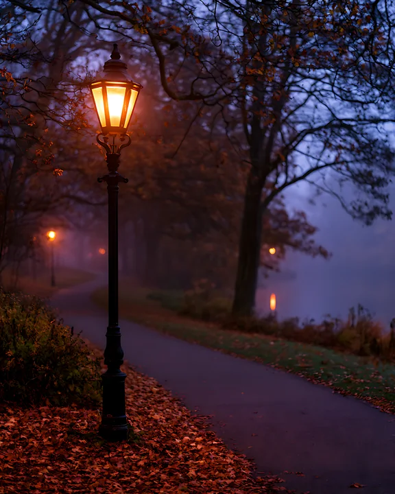 A park path lined with glowing street lamps is framed by trees during an autumn evening.